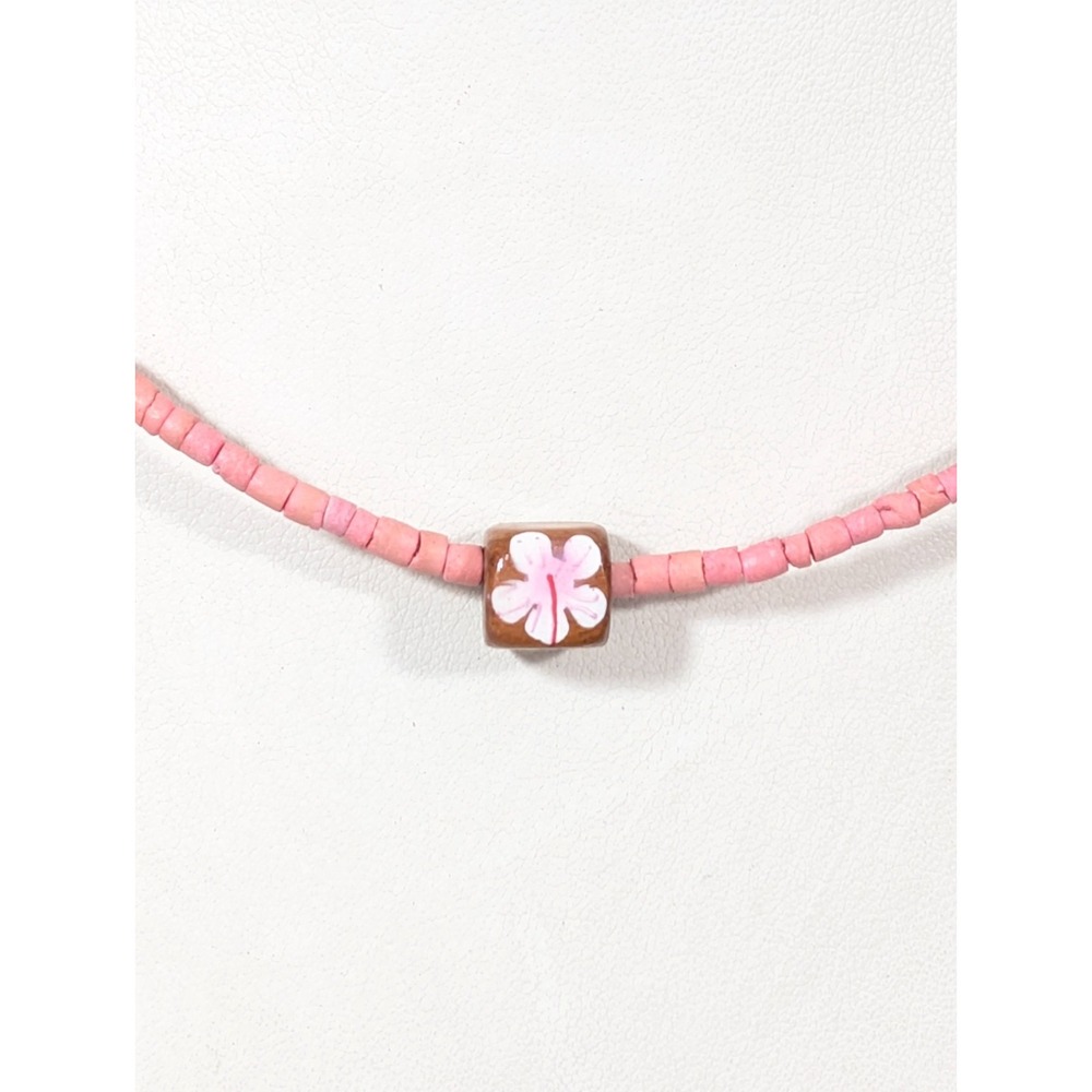 AERO Pink Wood Flower Stacked Heishi Bead Necklace Surfer Boho Y2K 16 in
